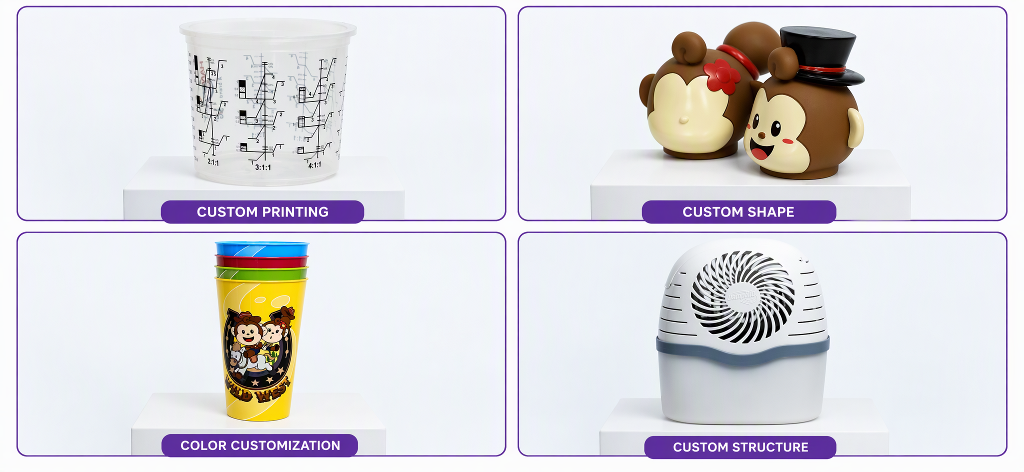 Four-panel showcase of OEM plastic injection molding capabilities — demonstrating custom scale printing on mixing cup, 3D character shape molding for monkey containers, multi-color resin customization on stacked cups, and complex functional structure molding for vent casing
