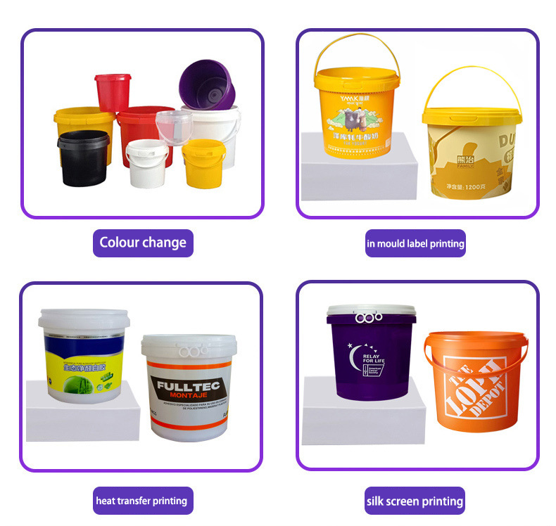 Guida alle opzioni di stampa e colorazione personalizzate per secchi rotondi in plastica — con esempi di variazione personalizzata del colore della resina, etichettatura nello stampo (IML) ad alta definizione, stampa a trasferimento termico a 360 gradi e serigrafia di precisione su vari secchi