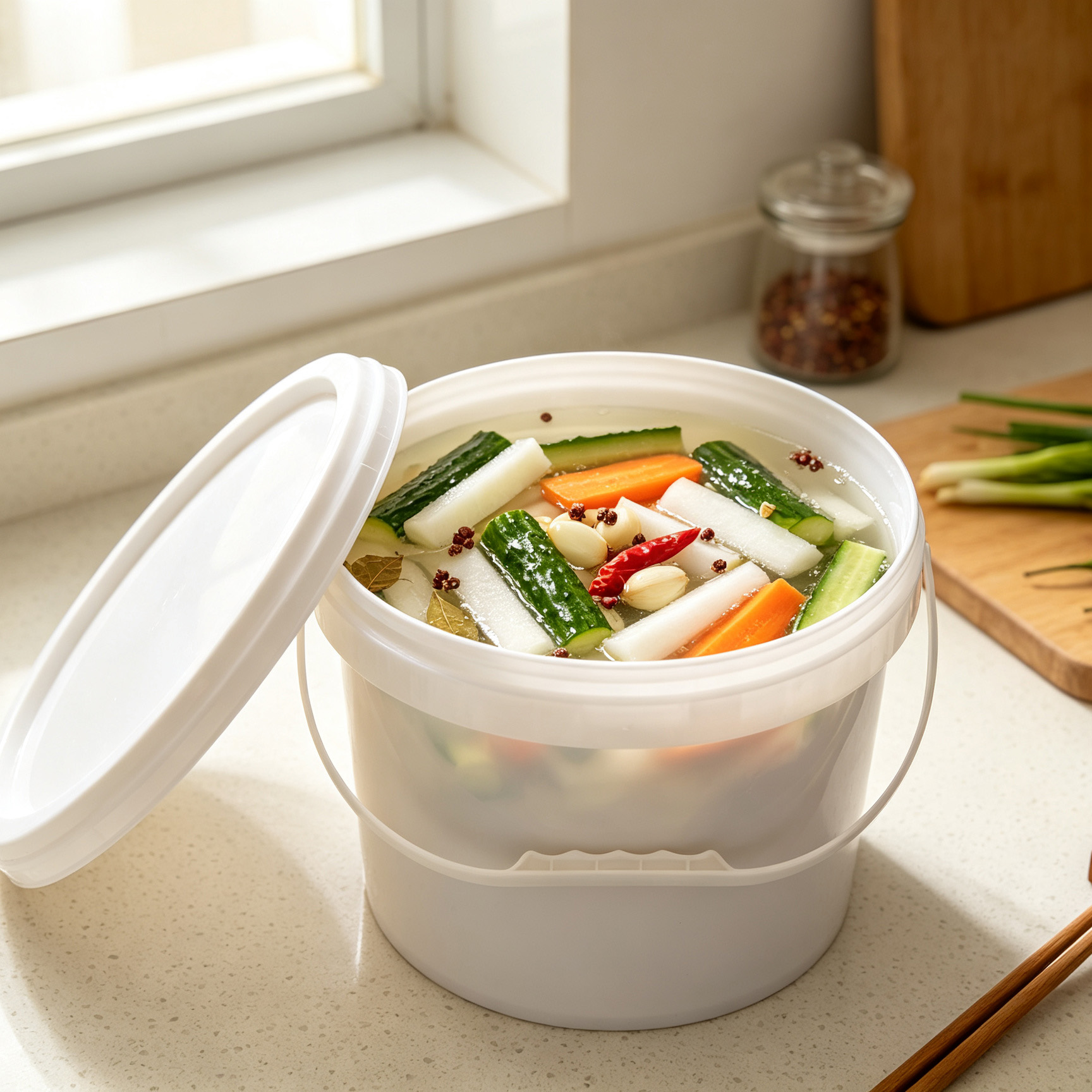 Open white round plastic bucket filled with pickled vegetables — cucumber, daikon, carrot, red chili, garlic and spices in brine — white snap-fit lid placed beside it on kitchen countertop near window, wooden cutting board and spice jar in background