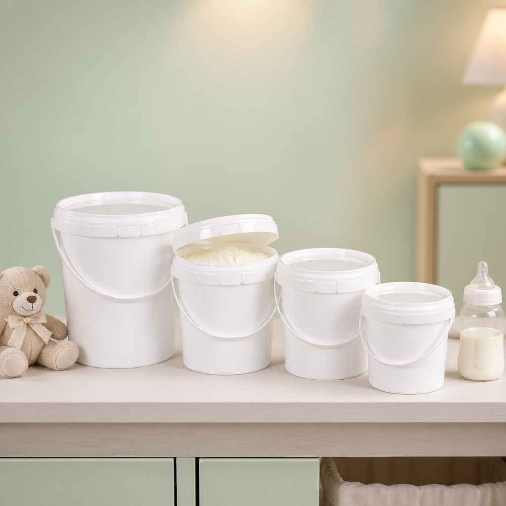 Quattro secchielli di plastica bianchi e rotondi, di dimensioni decrescenti, su una cassettiera della cameretta: il secondo secchiello è aperto e mostra il latte in polvere per neonati al suo interno; a sinistra c’è un orsacchiotto e a destra un biberon