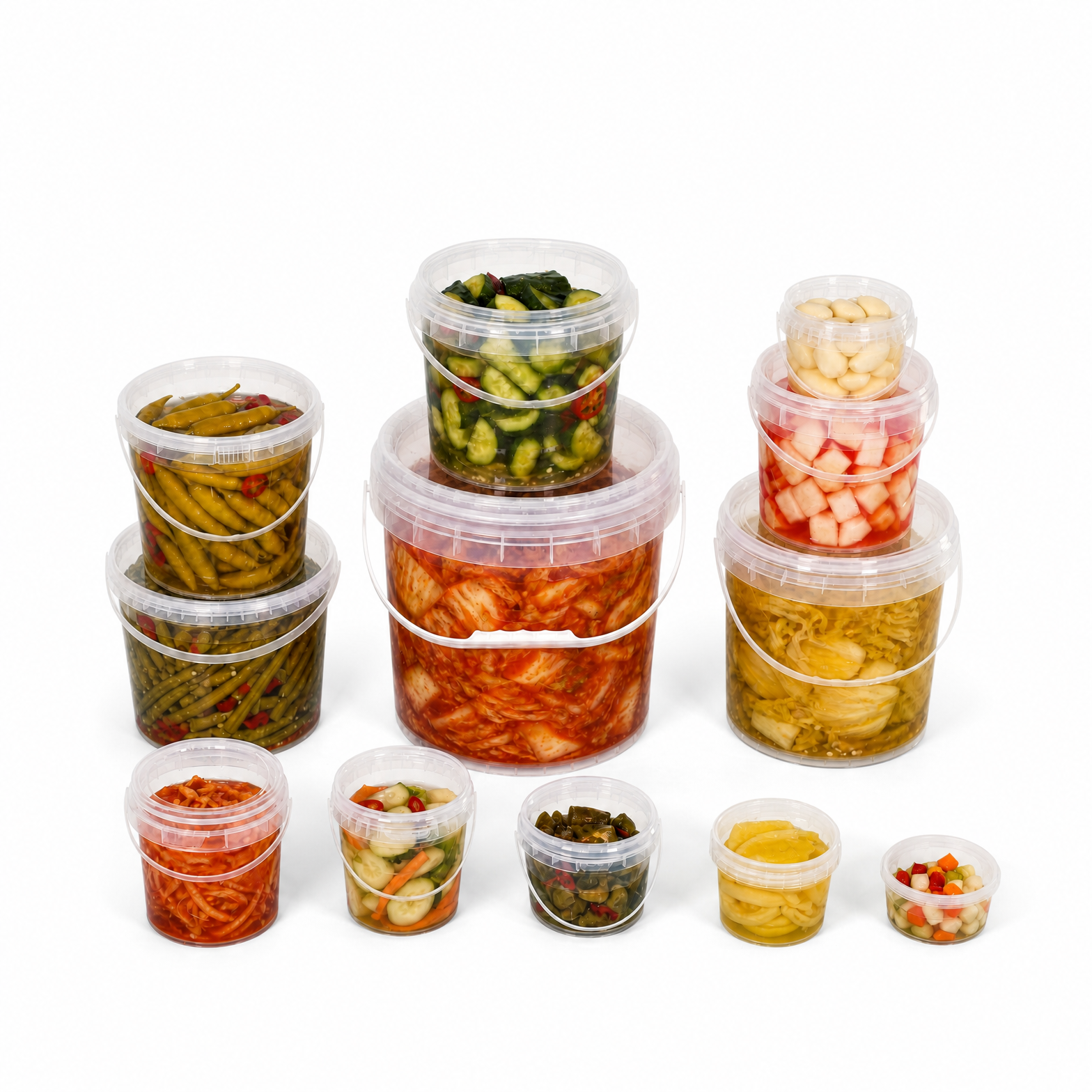Thirteen transparent round plastic buckets and cups in multiple sizes filled with various pickled and fermented vegetables — kimchi, green beans, cucumber, diced radish, bean sprouts, olives, mustard sauce and mixed vegetables — with clear snap-fit lids on white background