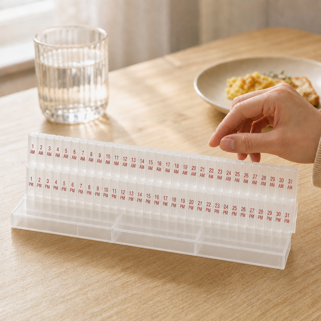 Clear plastic 31-day monthly pill organizer with red AM and PM markings on wooden dining table — person's hand reaching to retrieve a compartment next to a glass of water and breakfast plate