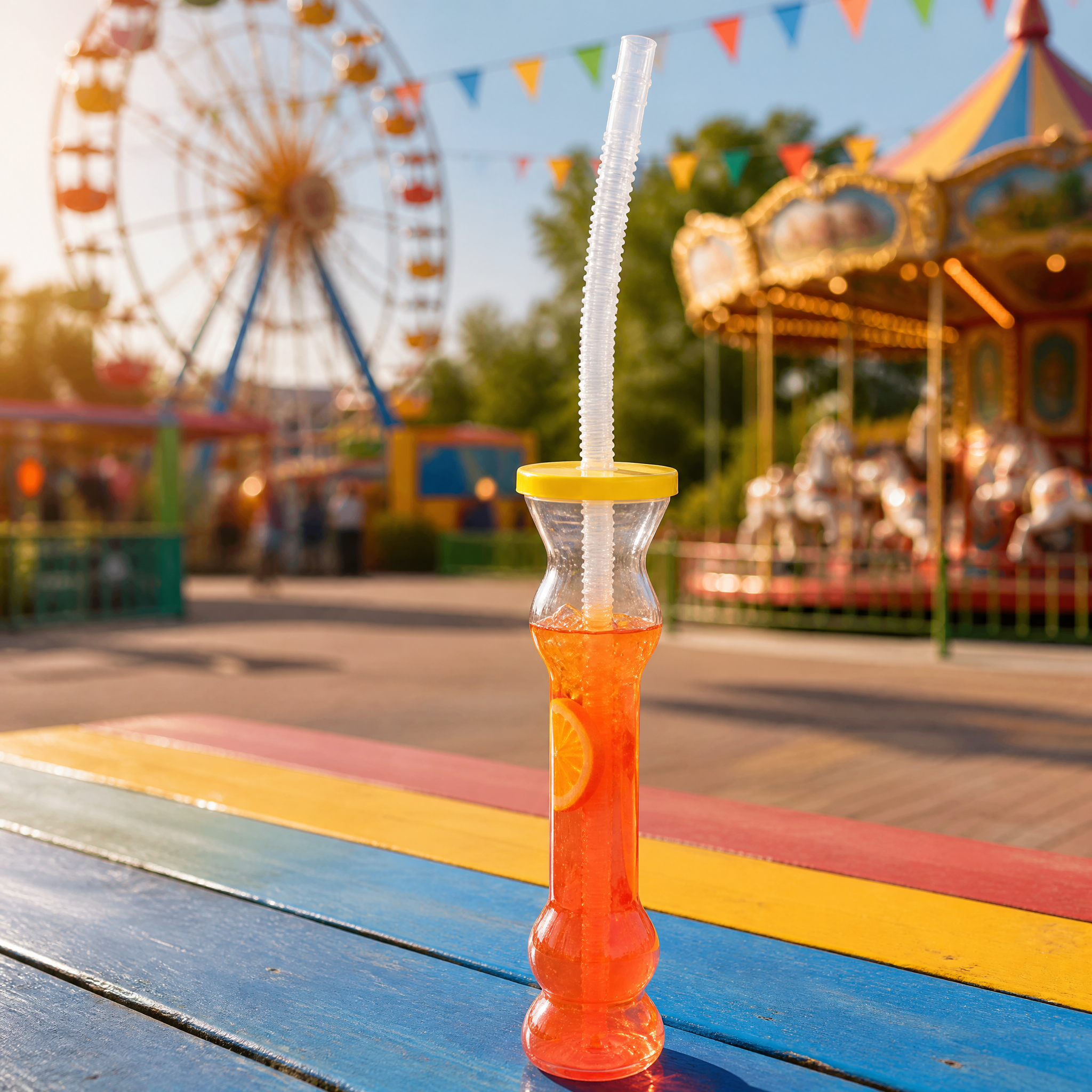 Tall clear plastic novelty yard cup filled with orange beverage, ice, and an orange slice, topped with a yellow lid and long corrugated straw, standing on a colorful striped table at an amusement park with a Ferris wheel and carousel in the background